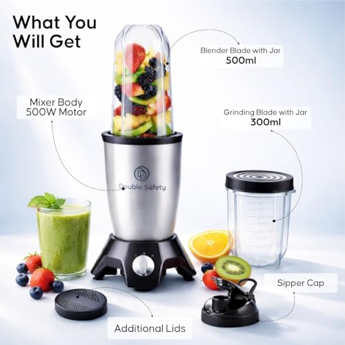 Image of Nutri Go 500W Nutri Blender For Juicing, Mixing & Blending | 2 Jars With Sipper | Juicer Mixer Grinder & Smoothie Maker for Kitchen | SS Blade, 2-Year Warranty (Pastel Silver)
