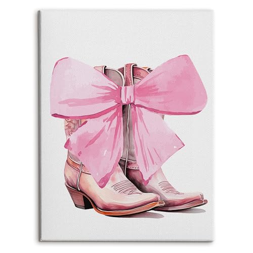 Image of HRQKO Pink Western Cowgirl Canvas Wall Art Prints, Coquette Pink Bow Western Boots Framed Art, Cowgirl Room Decor, Preppy Girly Wall Decor for Girls Bedroom Dorm Apartment, 11x14 inch