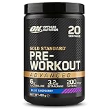 optimum nutrition gold standard pre-workout advanced, supplemento energetico in polvere, pre-allenamento: l-citrullina, beta alanina, caffeina, vitamina b6 e b12, gusto lampone blu, 420g