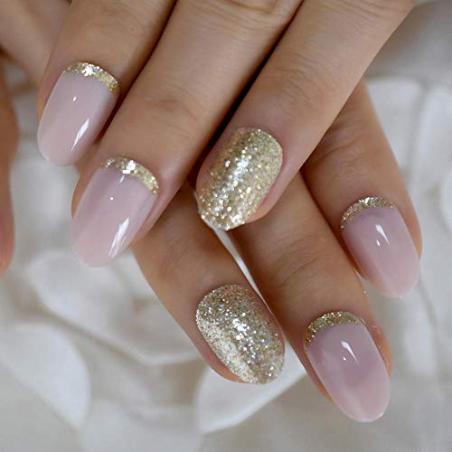 MXLYR Künstliche Nägel Hellrosa ovale gefälschte Nägel Täglicher Stil Gold Glitter Kurze Nagelkunst-Tipps Drücken Sie… – Bild 3