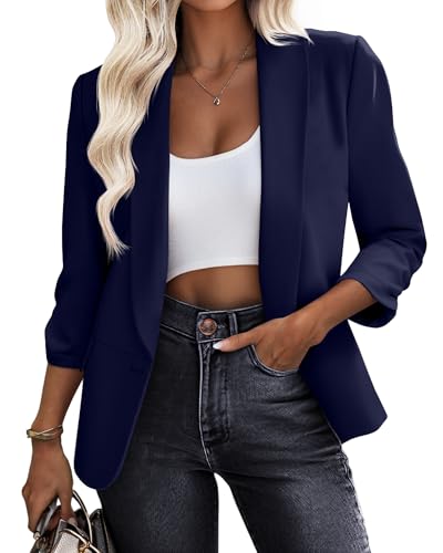 Riyiper Women's 3/4 Sleeve Blazer Open Front Blazer Jackets Casual Outfits Work Office Suit with Pockets(Navy Blue,XXL)