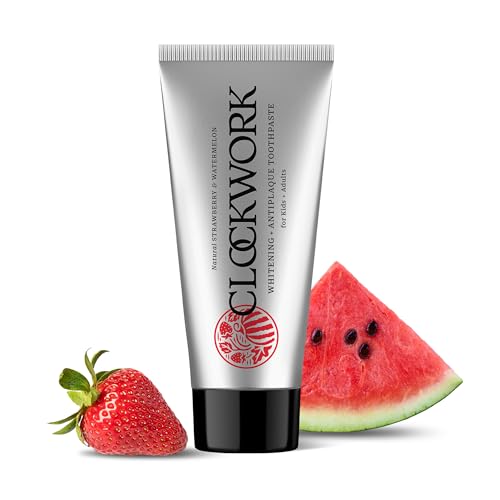 Image of Clockwork Kids Premium Toothpaste, Strawberry Watermelon - Fluoride Free & SLS Free, Ages 2-12 | Anti-Cavity & Enamel-Safe with nano-Hydroxyapatite (nHAP) + 10% Xylitol | Dentist-Approved, Natural & Non-Toxic | 80g