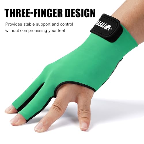 FITFIV Billiard Pool Glove for Left Hand 3 Finger, Durable Double Stitching, Snooker Cue Sport Glove Adjustable Popular Sizes for Men & Women