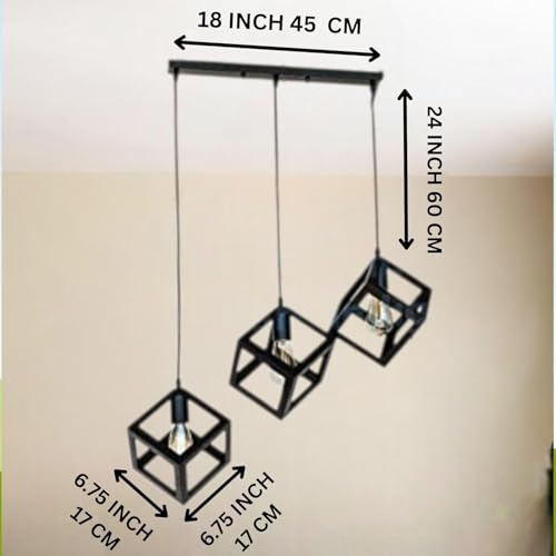 Image of GreyWings Black Metal Cube Geometric Cluster Hanging Pendant Light, 3 Shade Modern Linear Ceiling Lamp, Dining, Living Room, Kitchen, (Bulbs not Included) Linear Set