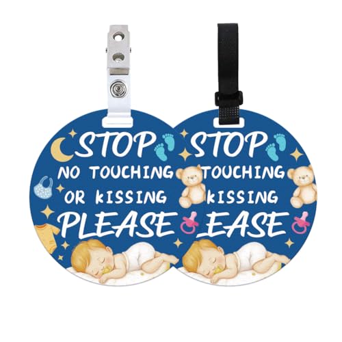 Image of 2 Pack Do Not Touch Signs Stroller Tag Blue No Touching Car Seat Sign Cute Beer Theme Stop No Touching Safety for Family PVC Seat Signs-Stroller Tag for Car Accessories 5 Inches