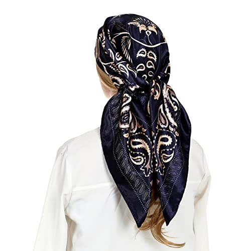 RIIQIICHY Head Scarf for Women Like Silk Satin Scarf for Hair Wrapping at Night Bandana Square Scarf for Sleeping 35 Inch Navy/Gold