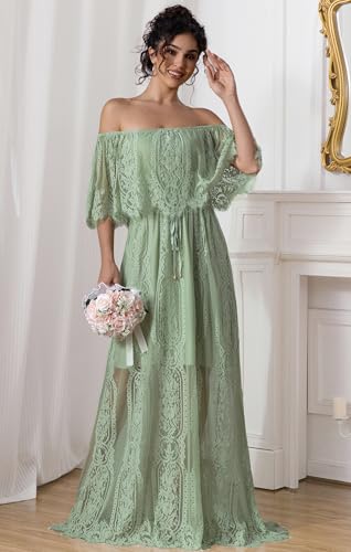 Image of HOYISHION Women's Off The Shoulder Floral Lace Maxi Dress White Bridesmaid Wedding Party Maternity Photoshoot Long Dresses
