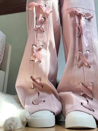 Y2K Bow Tie Jeans for Women Baggy Casual Wide Leg Pants Kawaii Straight High Waist Drawstring Pink Trousers3