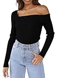 LILLUSORY Womens Off The Shoulder Sweaters Going Out Fall Sexy Knit Pullover Lightweight Asymmetrical Tops Clothes 2025 Black L