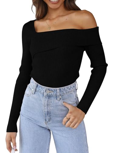 LILLUSORY Womens Off The Shoulder Sweaters Going Out Fall Sexy Knit Pullover Lightweight Asymmetrical Tops Clothes 2026 Black S