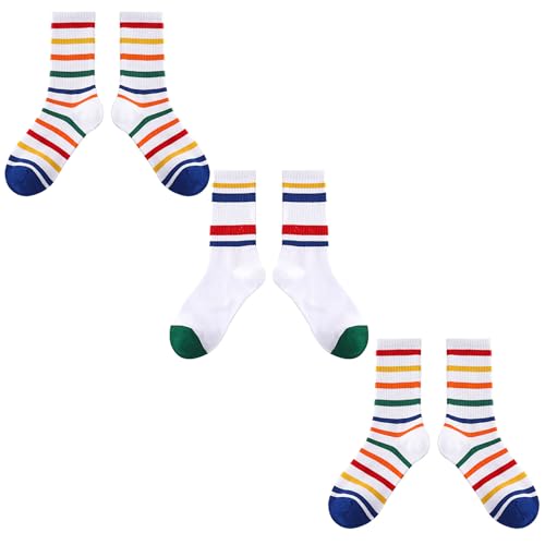 Image of Trendy Women Striped Crew Socks Bulk, Retro 70s 80s Casual Athletic Sock, Slouchy Crew Socks Teens