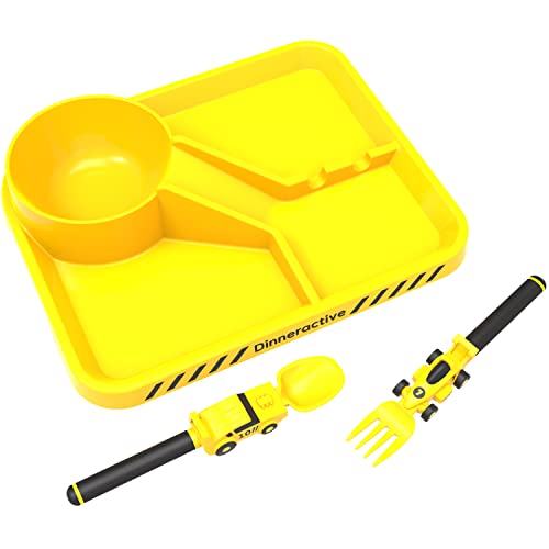 Image of Dinneractive Dining Set for Kids - 3PC Yellow Race Car Dinnerware - Race Car Utensils - Toddler Plates - Baby Dishes