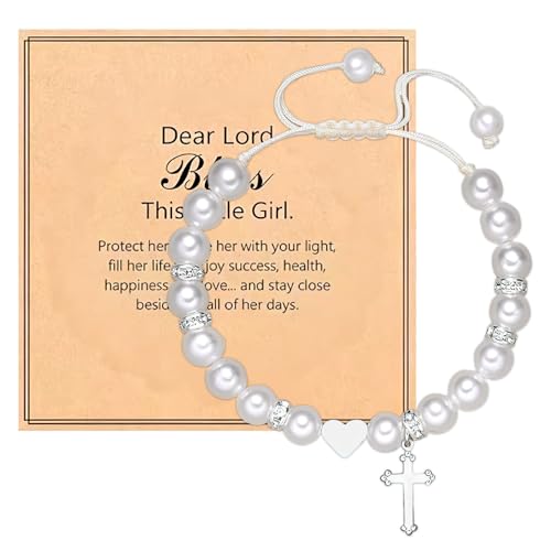 Czdtq White Shell Pearl Bracelet Adjustable Cross Christening Bracelets for Girls First Holy Communion Gift Pearl & Heart Jewelry Message Card Easter Confirmation Gifts for Girls Birthday Wedding