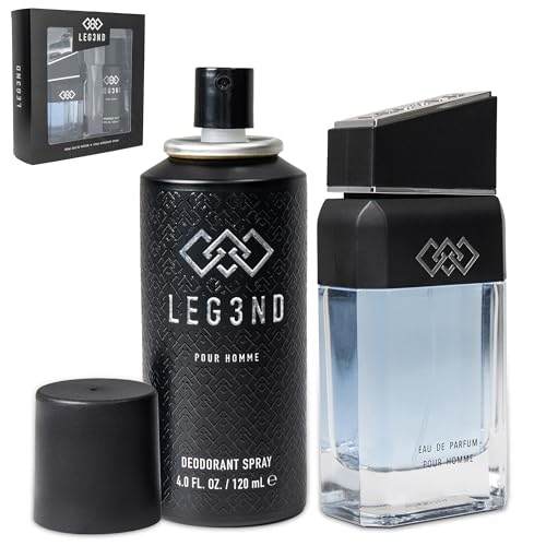 LEG3ND Gift Set - Men's Fragrances Bundle with 3.4oz EDP Spray (Italian Bergamot & Patchouli) + 4.0oz All Over Body Deodorant for Men (Amber & Cedarwood Blend)