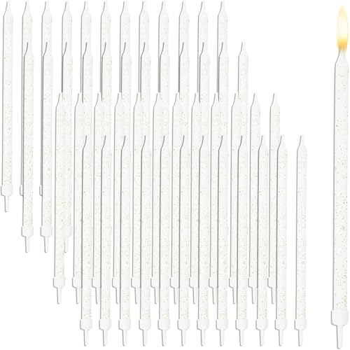 48-Pack Metallic White Glitter Confetti Long Thin Birthday Cake Candles 5-Inch with Holders