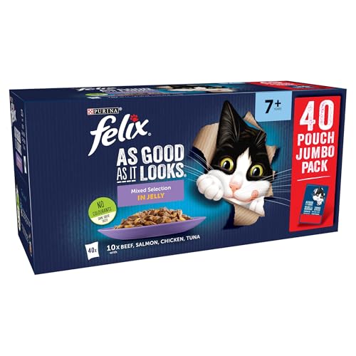 FELIX As Good As it Looks Senior 7+ Wet Cat Food Mixed Selection in Jelly Beef, Salmon, Chicken, Tuna 40 x 85g Pouches - Image 3
