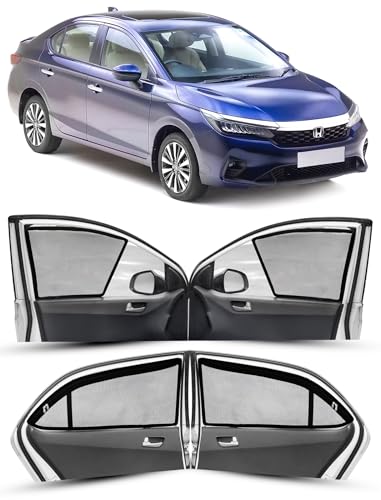 Image of Autofact Magnetic Car Sunshades Compatible with Honda New City (2020 to 2024) (Set of 4) - Easy Installation, UV Protection (Front 2 Half-Cut for Side Mirror Visibility, Rear 2 with Zippers)