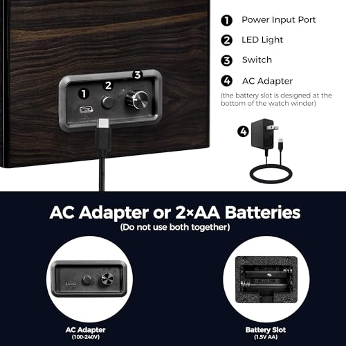 Image of ANWBROAD Watch Winder for Automatic Watches Double with Super Quiet Motor Flexible Watch Pillows LED Backlight Wooden 5 Modes Battery or Type-C Adapter
