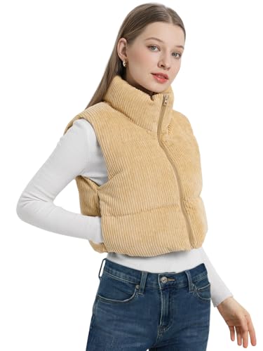 Cropped Puffer Vest Women with Pockets Short Corduroy Vest Sleeveless Stand Collar Padded Puffy Outerwear4
