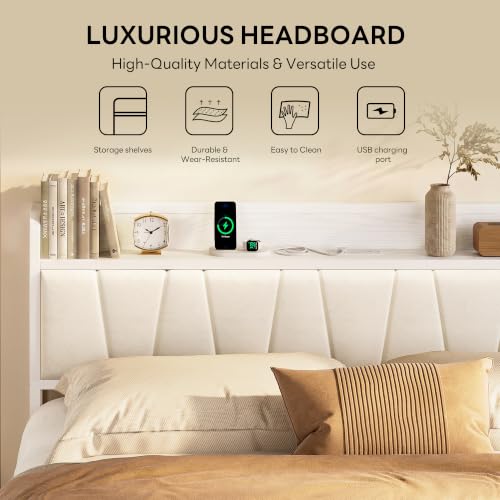 Image of LIKIMIO King Bed Frames, PU Leather Storage Headboard with Charging Station, Solid and Stable, Noise Free, No Box Spring Needed, Easy Assembly, White