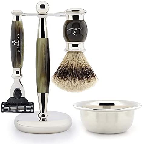 Jag Shaving 3-krawędziowy zestaw do golenia ze srebrną końcówką szczotką do włosów dachowych, stojakiem na golarkę i szczotką i miską