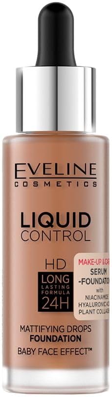 Eveline Cosmetics Liquid Control HD vloeibare foundation met niacinamide – kleur 065 TOFFEE | hydraterende en voedende formule voor een perfecte afwerking