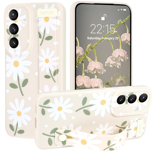 Image of Compatible with Samsung Galaxy S25 FE Case with Strap Wrist | Daisy Floral Shockproof Soft TPU Protective Cover for Women Girls, Slim Anti Scratch Case 6.7 Inch, White