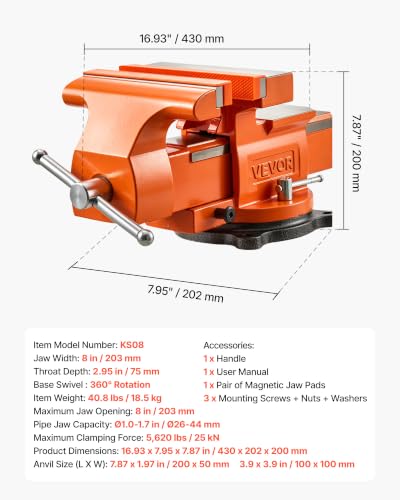 Image of VEVOR Heavy Duty Bench Vise, 8 inch Jaw Width, Multi-Purpose Ductile Iron Bench Vise with Anvil and 360-Degree Locking Swivel Base, 2.95 inch Throat Depth, 8 inch Max Jaw Opening, for Drilling, Pipe Cutting