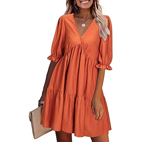 VOTEPRETTY Womens' 2023 Summer Babydoll Mini Boho Casual Loose Orange Vacation V Neck Puff Sleeve Swing Dresses(Orange,L) Cover