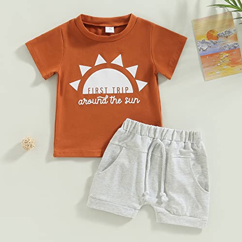 Aeemcem Baby Boy First Birthday Outfit First Trip Around The Sun T Shirt Elastic Waist Shorts Set 1 Year Old Cake Smash Outfit(A Brown,2-3 Years) #TOP1