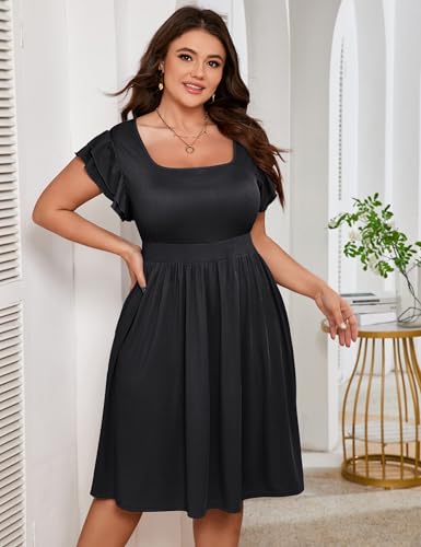 Image of ShopWonder Women Plus Size Midi Dress Short Ruffle Sleeves High Waist Casual Summer Dress with Pockets