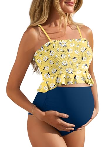 Image of Summer Mae Maternity High Waist Swimsuit Ruffle Hem Bikini Bathing Suit Shirred Bandeau Two Piece Pregnancy Swimwear