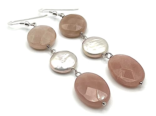 Boucles d'oreilles pierre de soleil et perles roses, douceur de l'argent