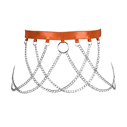 BANSSGOTH Medias de Cadena hasta el Muslo para Mujer, Liguero, arnés, Cadena para el Cuerpo, Cintura Alta, Calado, gótico, Punk, Halloween, Rave (Naranja)