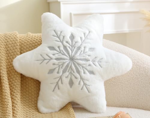 Volple Snowflake Decorative Throw Pillow White Plush Star Cushion with Silver Gray Embroidery Soft Winter Accent Pillow for Couch Sofa Bedroom & Holiday Dcor