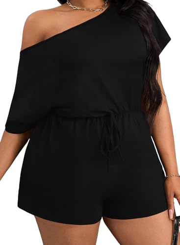 Eytino Plus Size Jumpsuit for Curvy Women 2026 Fashion Off The Shoulder Short Sleeve Rompers Loose Summer Overalls,2X Black