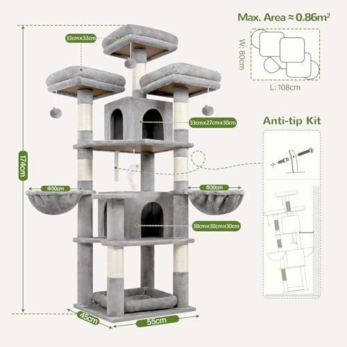 Image of Globlazer Big XL Cat Tower for Indoor Multiple Cats, F68B, Light Grey