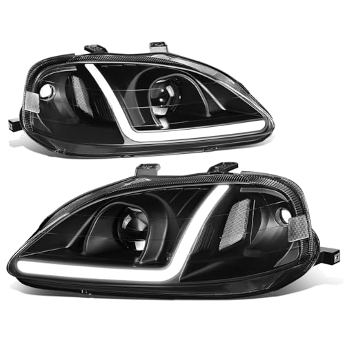 Auto Dynasty 3D LED DRL Projector Headlights Assembly Compatible with Honda Civic 1999-2000, Driver and Passenger Side, Black Housing Clear Lens