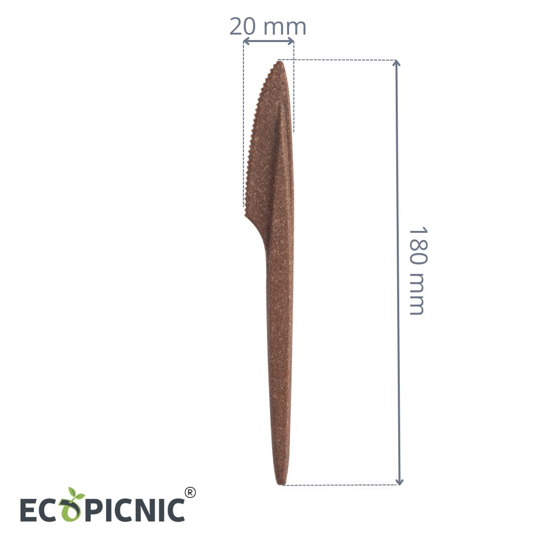 100 Stück Mehrweg Messer aus Dunkelbraunem WPC | Robustes und umweltfreundliches Messer, Alternative zu Plastikmessern
