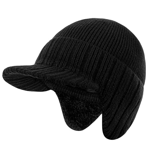 Teqihat Winter Beanie with Brim and Ear Flaps for Men, Knitted hat with Fleece Lining for Warmth Caps for Men Women Black