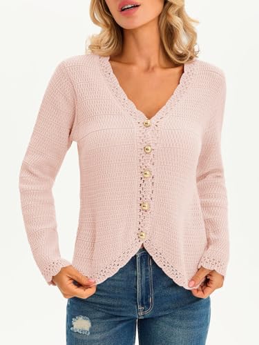 Image of Saodimallsu Womens V Neck Cardigan Sweaters Button Up Cropped Boho Knit Long Sleeve Loose Trendy Sweater Tops