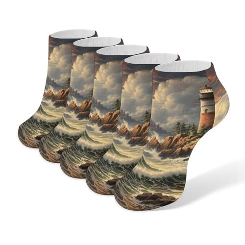 5 Pairs of Cotton Ankle Socks for Women Men Coast Wave And Lighthouse Low Cut Socks for Running Hiking No Show Athletic Sock
