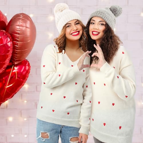 Image of Coume Women Valentine Heart Sweater V Neck Embroidery Knit Long Sleeve Loose Casual Pullover for Girlfriend Wife Gift