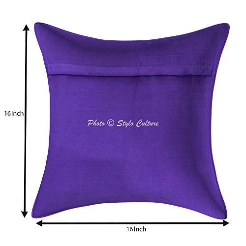 Image of Decorative Brocade Cushion Covers 16x16 Inch Banarasi Jacquard Weave Purple & Gold Living Room Decor Peacock Traditional Square 40x40 cm Zippered Sofa Settee Pillowcases -Set of 5 Pcs