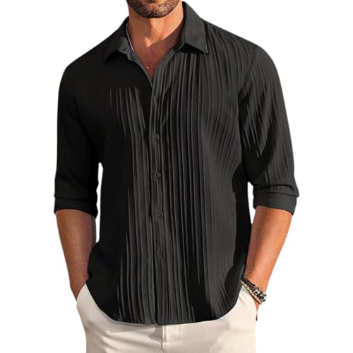Image of DEELMO Men's Button Down Dress Shirts Textured Long Sleeve Casual Hawaiian Beach Shirt