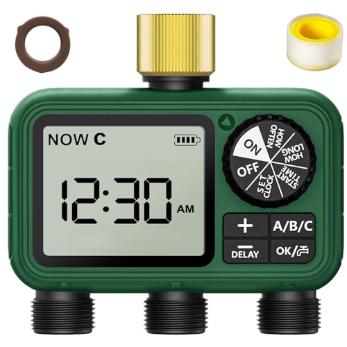 3 Outlet Sprinkler Timer Brass, Programmable Garden Hose Timer with Rain Delay, Manual& Automatic Watering System, Waterproof Gardening Supplies Irrigation Controller for 3 Separate Water Zones