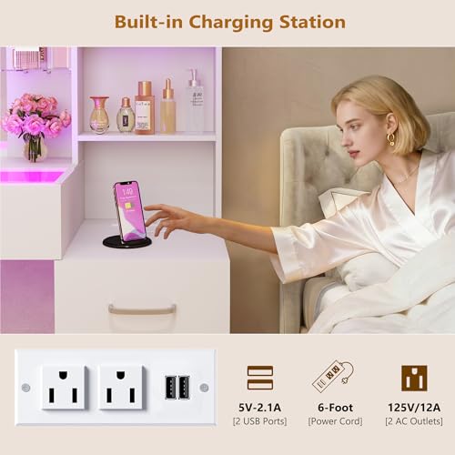 Image of HUAHUU Vanity Desk with Mirror and Lights 3 Colors, 43.3 inch Makeup Vanity with Glass Top & RGB Light, White Vanity Table Set with Stool, 5 Drawers & Power Outlet for Bedroom Dressing Room