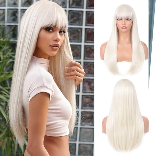 T-color Platinum blonde Wig with Bangs for Women – Long