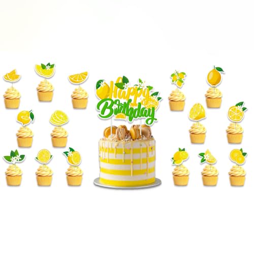 Tourima Lot de 16 décorations pour cupcakes - Citron jaune - Fruit d'été - Happy Birthday -...