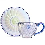 Glass Tea Cup and Saucer, Glass Coffee Mug and plate, Dishwasher & Microwave Safe Teacups for Espresso Cappuccino Latte Tea Juice Blue
